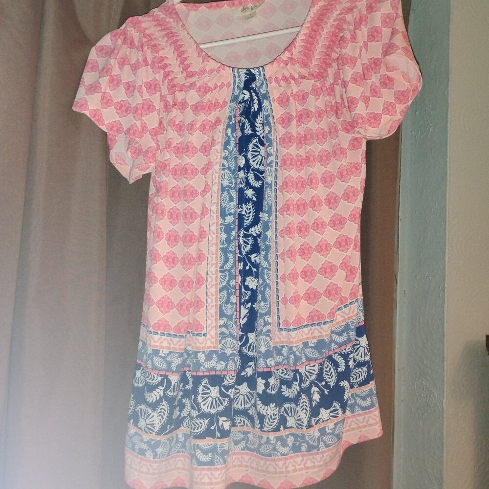 Pink and Blue Ruffled Puff Sleeve Top
